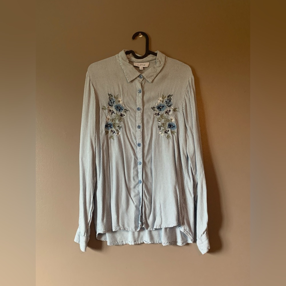Striped Button Down with Floral Embroidery